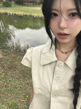 ラムスボタン襟付きシャーリングパフブラウスシャツ