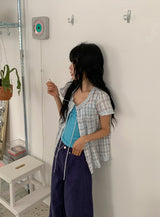 Arche Check Frill Short Sleeve Blouse