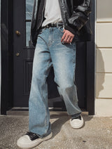 Crystal lettering washed denim pants