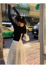 Back White Bow Long Sleeve Knit T-shirt