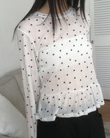 タピンドットレイヤードフリルVネックロングスリーブTシャツ