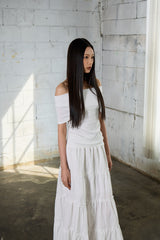 ドレープ オフショルダー Tシャツ-ホワイト