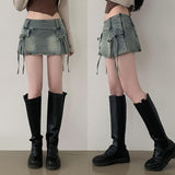 Earth low waist ribbon micromini denim skirt pants