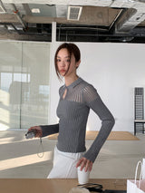 Collar See-Through Stripe Long Sleeve T-Shirt