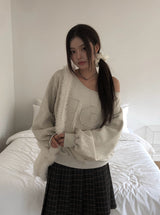Runs Number Lettering Off Shoulder Brushed Sweatshirt
