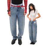 Double-waisted blue jeans