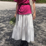 Owell Shirring Punching Lace Tiered Summer Long Skirt (4 Colors)