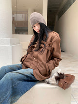 Suede lace-up no-collar jacket