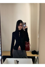 half-turtleneck V-neck slit long-sleeved knitwear