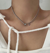 um Pearl Stainless Steel Two Lines Hip Bold Ball Layered Short Choker Wedding Necklace