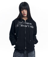 Lettering Embroidered Hoodie Zip-Up - Black