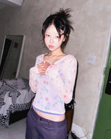 (3color) Blurred Flower Sheer Mesh Tee