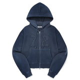 VINTAGE WASHING STUD POINT CROP HOODIE ZIP UP [NAVY]