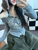 FUR🤎🧸CROPPED HALF PRINTING JUMPER ZIP UP🩶🖤2COLOR