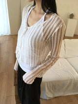 Curon punching net button see-through long sleeve cardigan