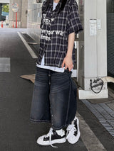 wrap button half denim pants