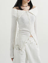 Off-Shoulder Ribbed Slit Cardigan