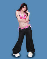 pink stone black denim pants