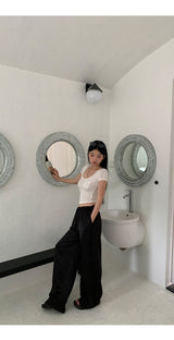 Embo bead wide banding casual pants