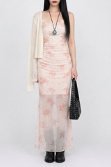 PINK BLOSSOM MESH-OVERLAY FLORAL DRESS