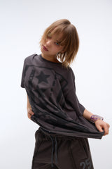 Sound wave artwork damage washing T-shirt (Charcoal)