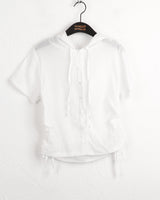Weving see-through side shirring pleated hooded short-sleeved cardigan