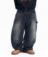 Curved Double Knee Denim Pants - Black