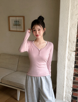 Unbalance Button Slim Rib T-shirt (5color)