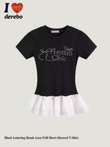 Black Lettering Beads Lace Frill Short-Sleeved T-Shirt