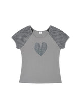 ハートグリッターTシャツ -グレー