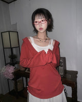 (3color) Ruffle Deep V-neck Slim Long Sleeve Tee