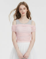 Rosina Sheer Ruched Off-Shoulder Layered Sleeveless Top Pink