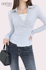 グレー Vストライプ ラップ ロングスリーブ Tシャツ