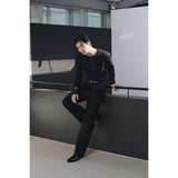 Leather ribbed henry neck long sleeves(Black)