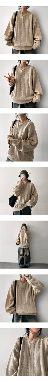 Ichi cable snap henry neck knitwear