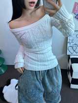 OFF SHOULDER TWISTED SLIN LONG KNIT 🩶🤍🖤3COLOR