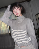 (2color) Waffle Stripe High Neck Bomber Cardigan