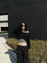 Halter collar sleeveless & long sleeve cropped knit two-piece set (2 colors)