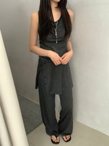 [set] Willow Drape Sleeveless Top &   Elastic-Waist Skirt-Pants Set