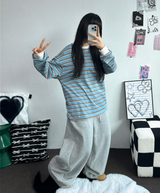 LINE POINT BALLOON WIDE LONG PANTS 🖤🤍🩶3COLOR