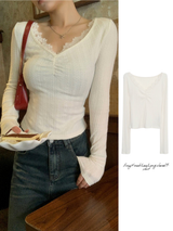 Ivory V-neck Lace Long-sleeved T-shirt