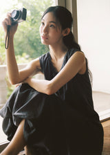 Shirred V-Neck Volume Dress (Deep Purple)