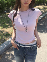 26SS★ [MADE/more BASIC/Tumble Washing] ローブセミクロップドラウンド無地半袖Tシャツ