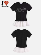 Black Lettering Beads Lace Frill Short-Sleeved T-Shirt