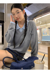Collar Layered V-neck Long-Sleeved Knitwear