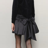 Bow Belted Peplum Velvet Mini Dress _ Black