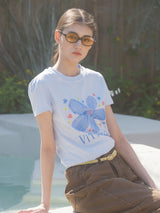 ブルーフラワースリムフィットTシャツ