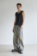 DOUBLE-KNEE CRACK-WASHED DENIM PANTS
