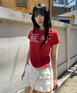 Unicorn Henley Neck Crop Short Sleeve Red