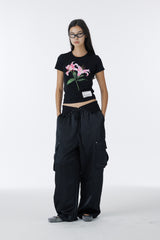 SATIN WIDE CARGO PANTS	(BLACK)